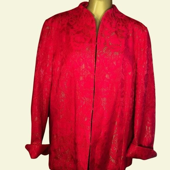 Chico’s Mandarin Collar Red and Gold Brocade Blazer Chico Size 2 = Large Size 12 - Picture 3 of 5